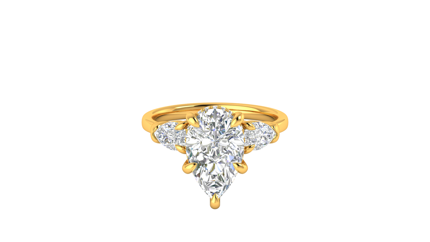 3 Carat Pear Cut Engagement Ring With Pear Shape Side Stones In 14K Yellow Gold
