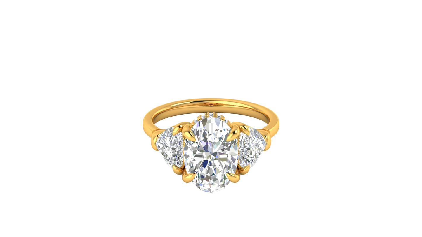 3 Carat Oval Cut Engagement Ring With Heart Shape Side Stones In 14K Yellow Gold