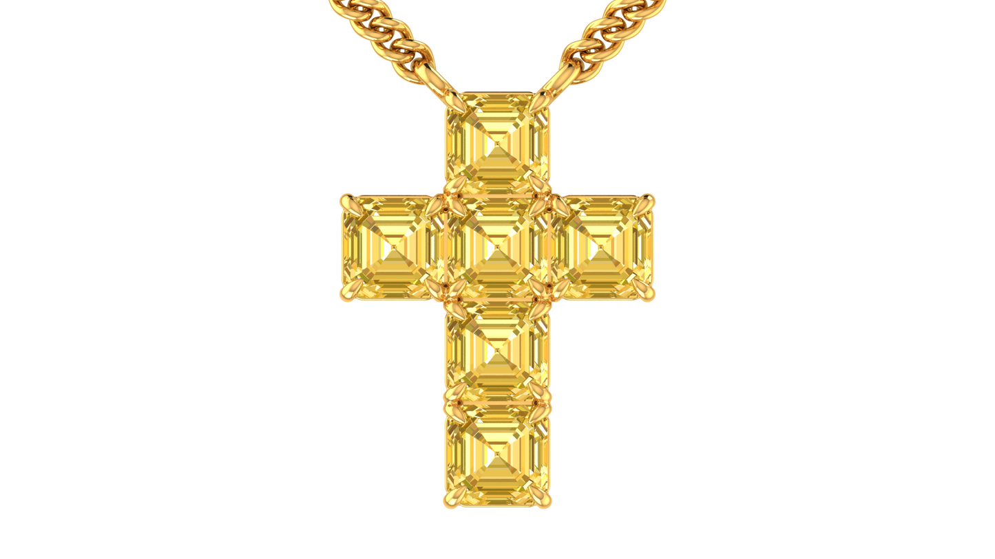 6.00 Ctw Asscher Cut Yellow Diamond Cross Pendant In 14K Yellow Gold