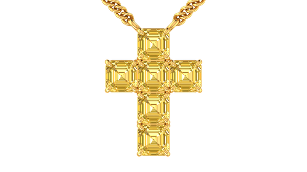 6.00 Ctw Asscher Cut Yellow Diamond Cross Pendant In 14K Yellow Gold