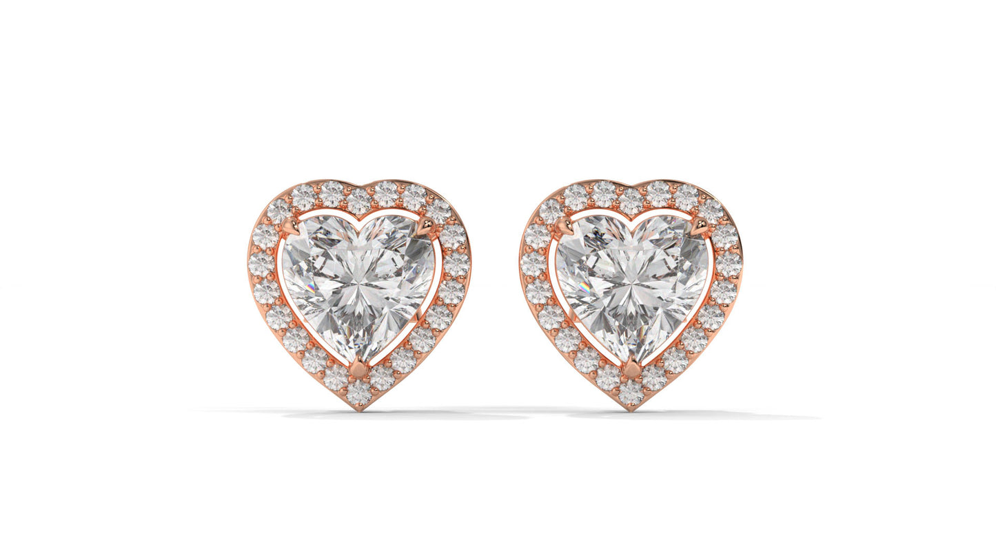 4.44 CTW Heart-Shaped Diamond Halo Stud Earrings In 14K Rose Gold – 0.44 CTW Side Stones