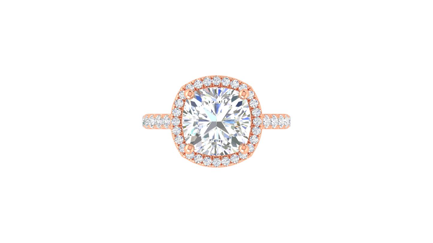 5 Carat Cushion Cut Halo Engagement Ring With Pavé Diamond Band In 14K Rose Gold
