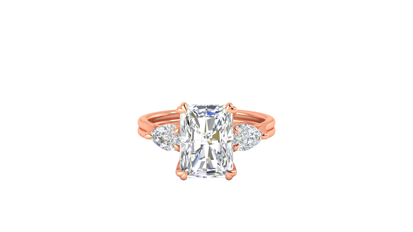 4 Carat Radiant Cut Engagement Ring With Pear Shaped Side Stones In 14K Rose Gold