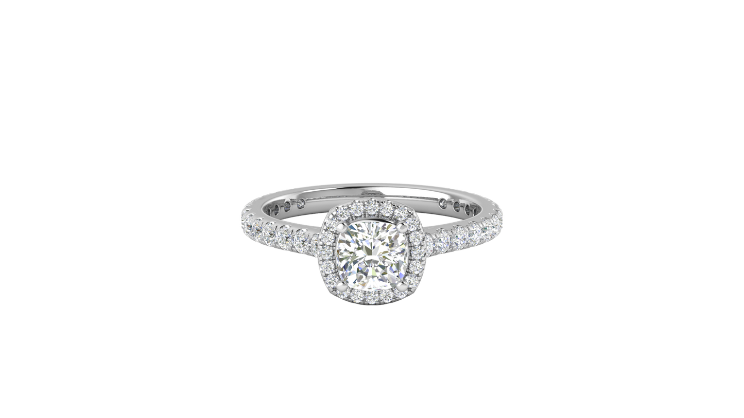 1 Carat Cushion-Cut Halo Engagement Ring With Pavé Diamond Band In 14K White Gold