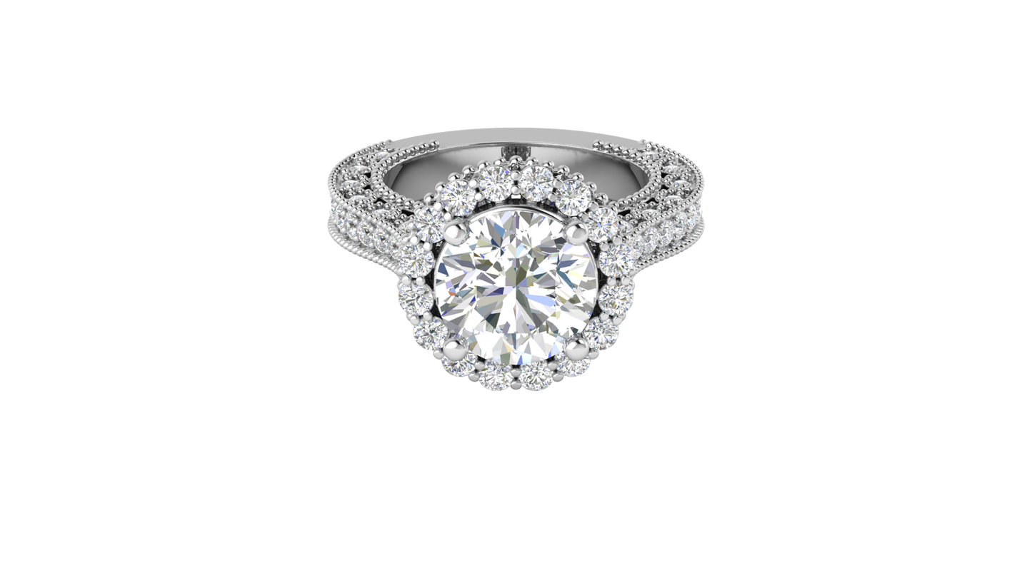 4 Carat Vintage Style Round Engagement Ring In 14K White Gold