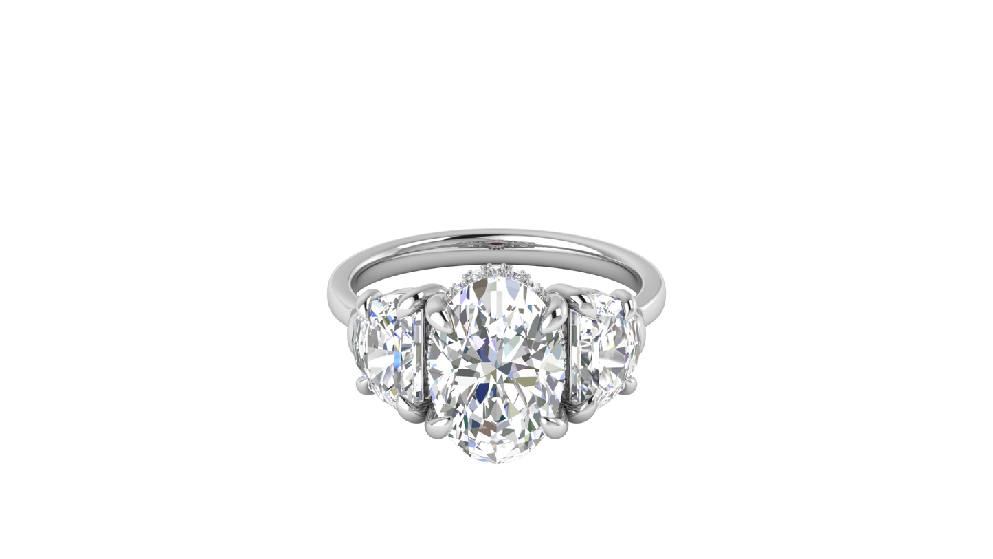 3 Carat Oval Cut Engagement Ring With Half Moon Side Stones In 14K White Gold