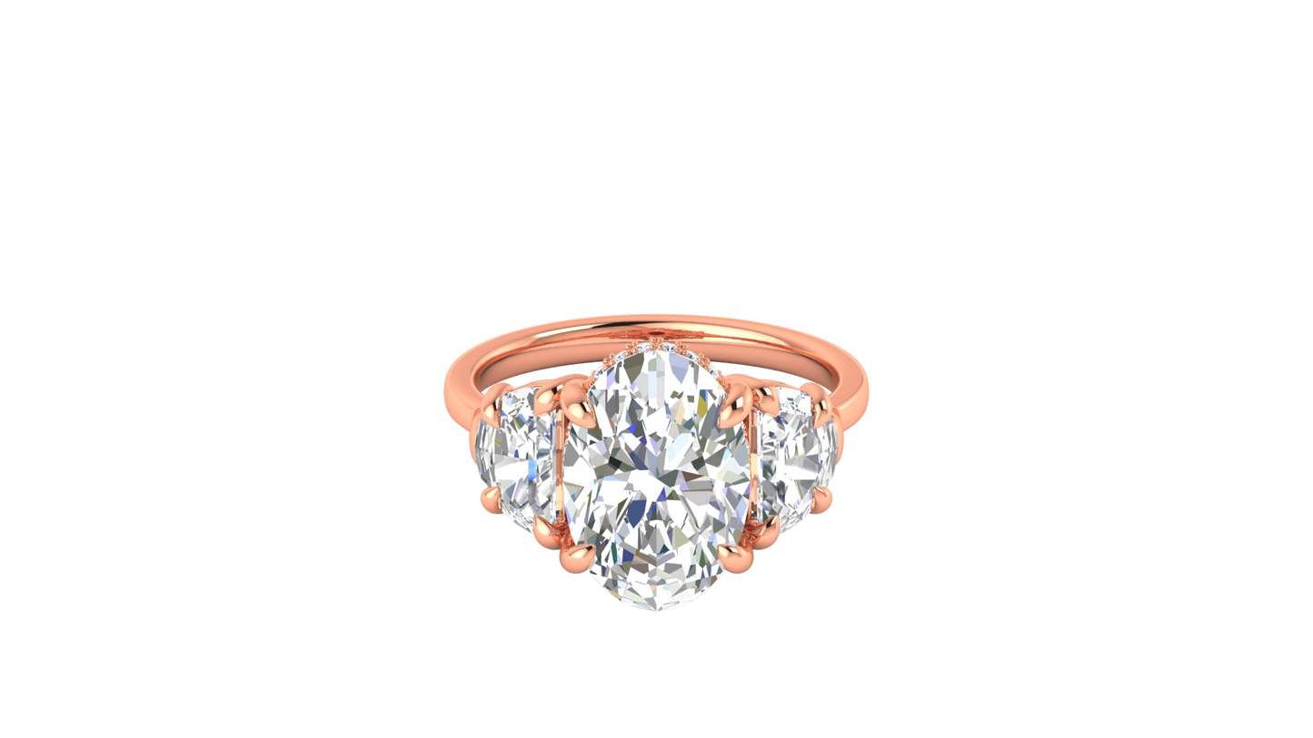 4 Carat Oval Cut Engagement Ring With Half Moon Side Stones In 14K Rose Gold