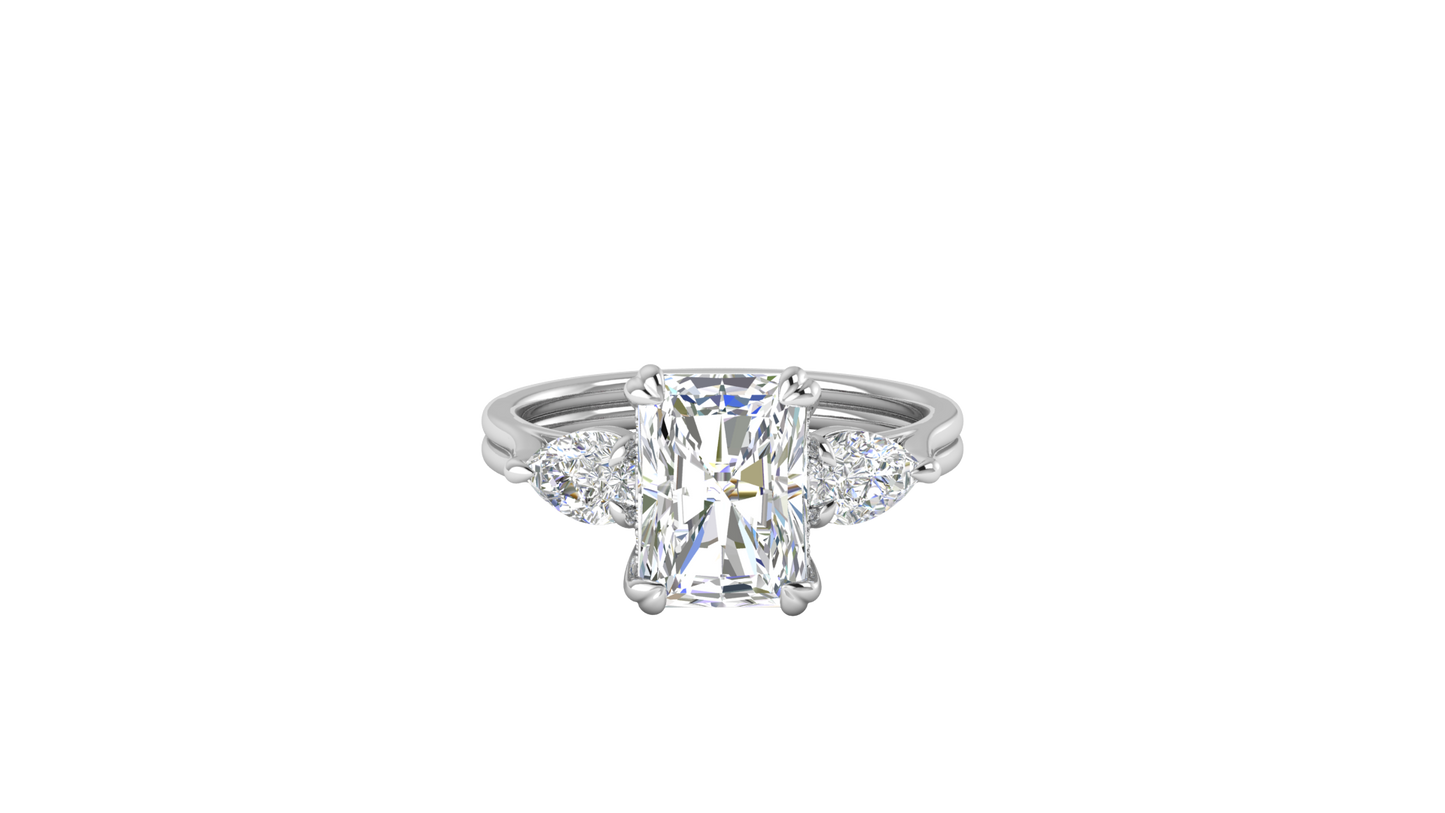 3 Carat Radiant Cut Engagement Ring With Pear Shaped Side Stones In 14K White Gold