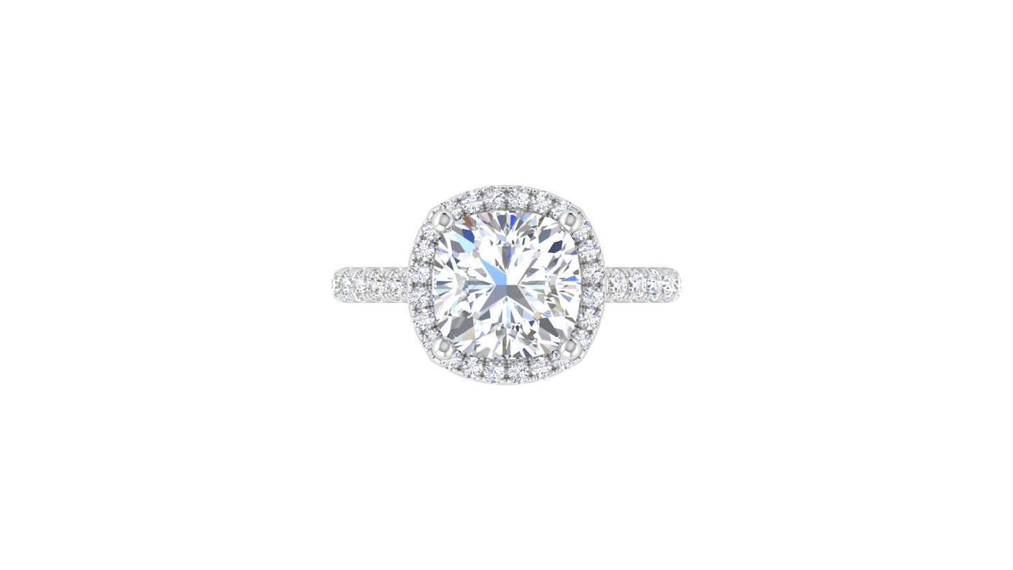 4 Carat Cushion-Cut Halo Engagement Ring With Pavé Diamond Band In 14K White Gold