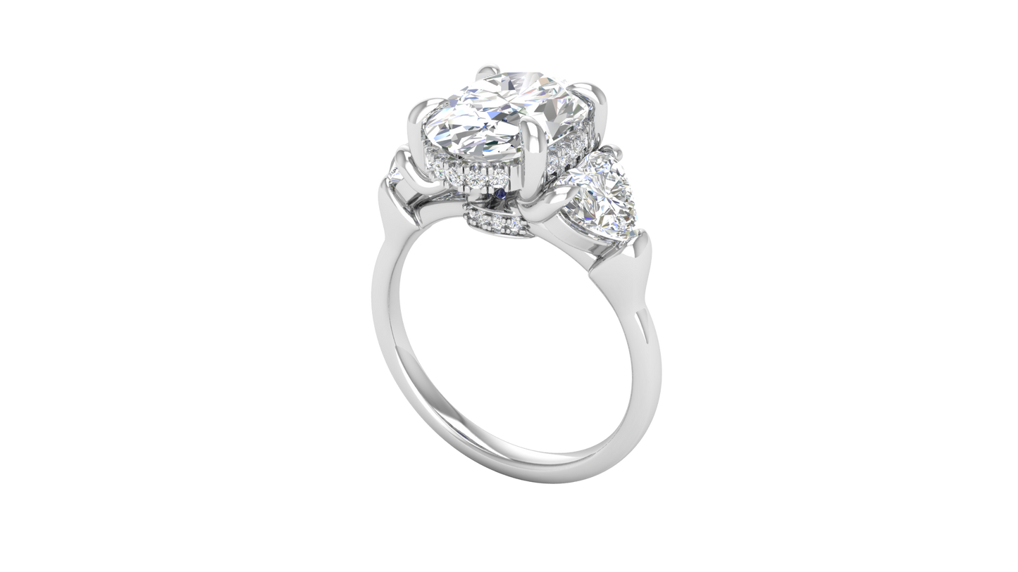 3 Carat Oval Cut Engagement Ring With Heart Shape Side Stones In 14K White Gold