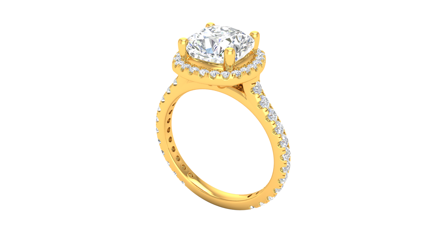 3 Carat Cushion-Cut Halo Engagement Ring With Pavé Diamond Band In 14K Yellow Gold