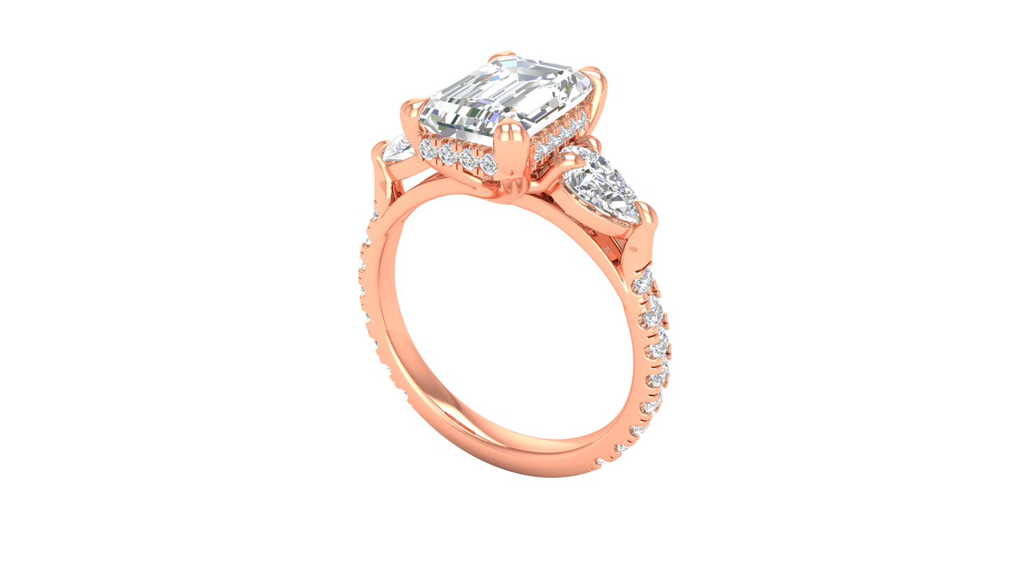 3 Carat Emerald Cut Engagement Ring With Pear Side Stones In 14K Rose Gold