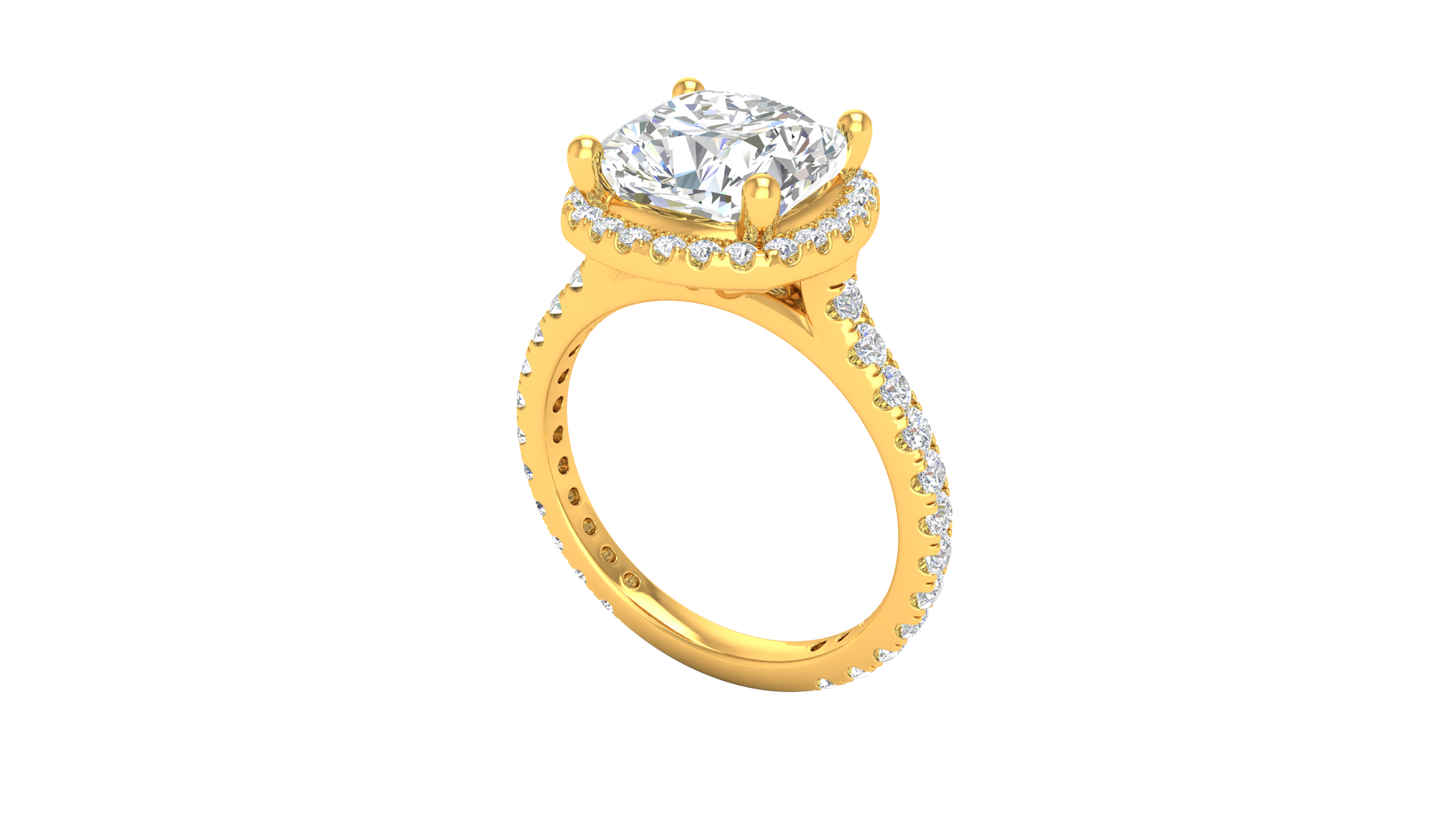 4 Carat Cushion-Cut Halo Engagement Ring With Pavé Diamond Band In 14K Yellow Gold