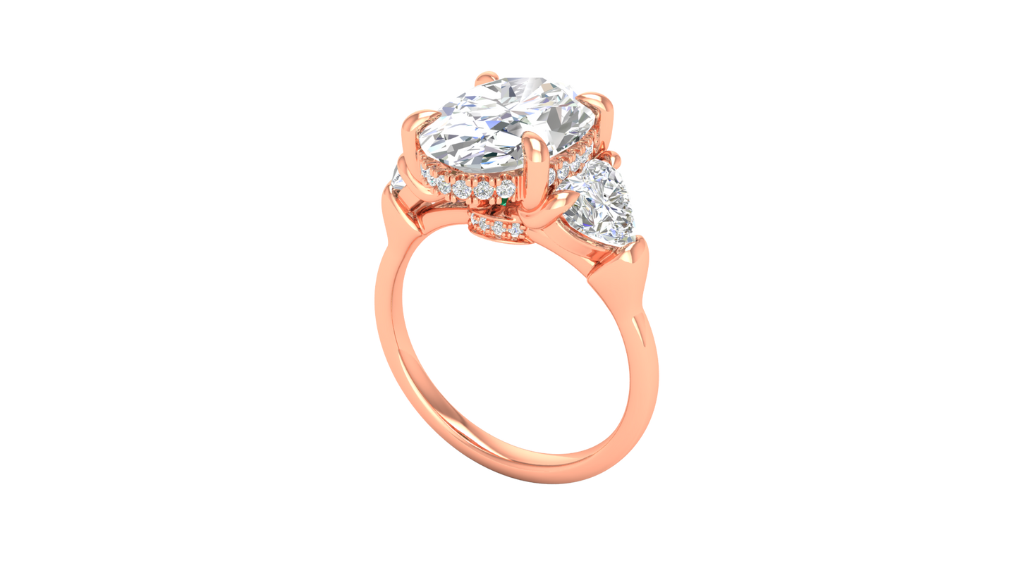 4 Carat Oval Cut Engagement Ring With Heart Shape Side Stones In 14K Rose Gold