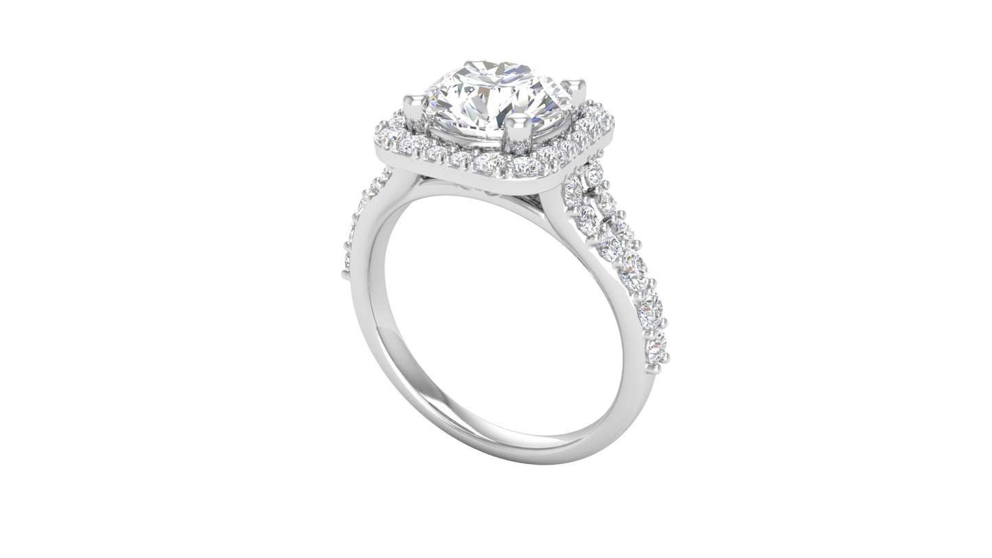 2.00 Carat Round-Cut Halo Engagement Ring With Pavé Diamond Band In 14K White Gold