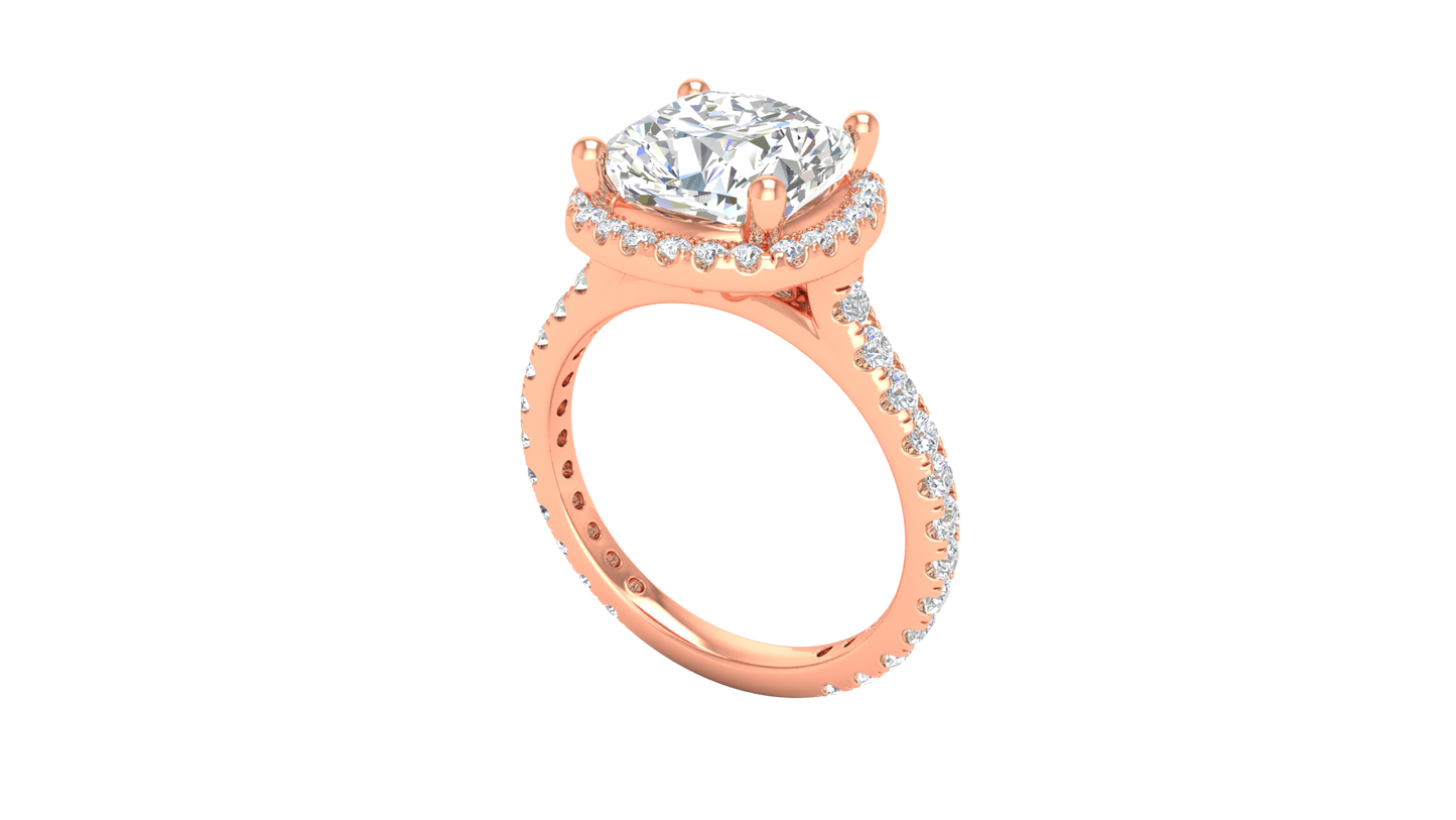 4 Carat Cushion-Cut Halo Engagement Ring With Pavé Diamond Band In 14K Rose Gold