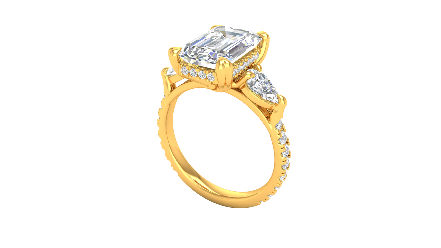 4 Carat Emerald Cut Engagement Ring With Pear Side Stones In 14K Yellow Gold