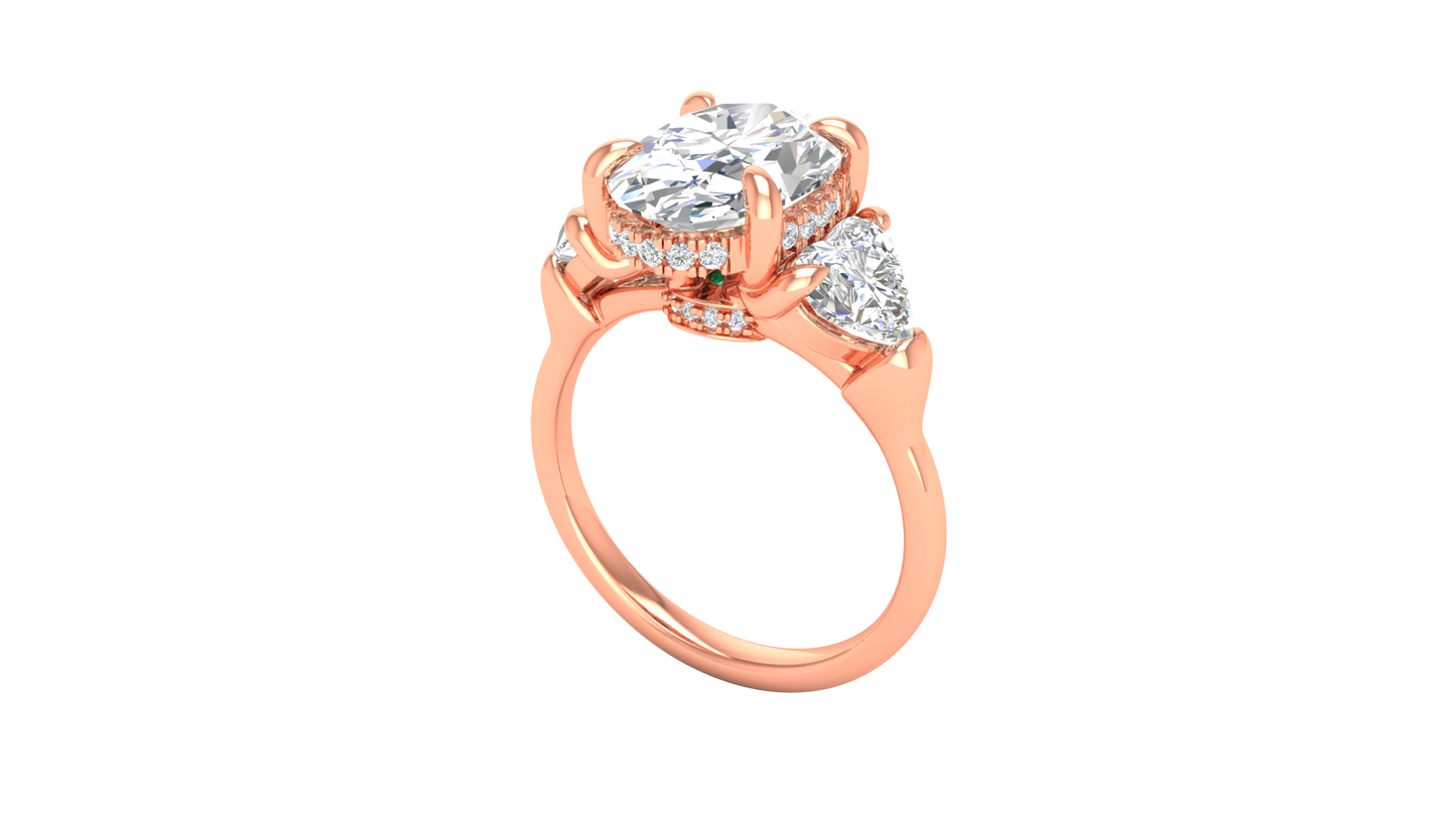 3 Carat Oval Cut Engagement Ring With Heart Shape Side Stones In 14K Rose Gold