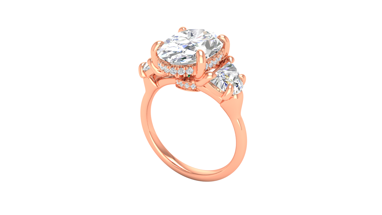 4 Carat Oval Cut Engagement Ring With Half Moon Side Stones In 14K Rose Gold