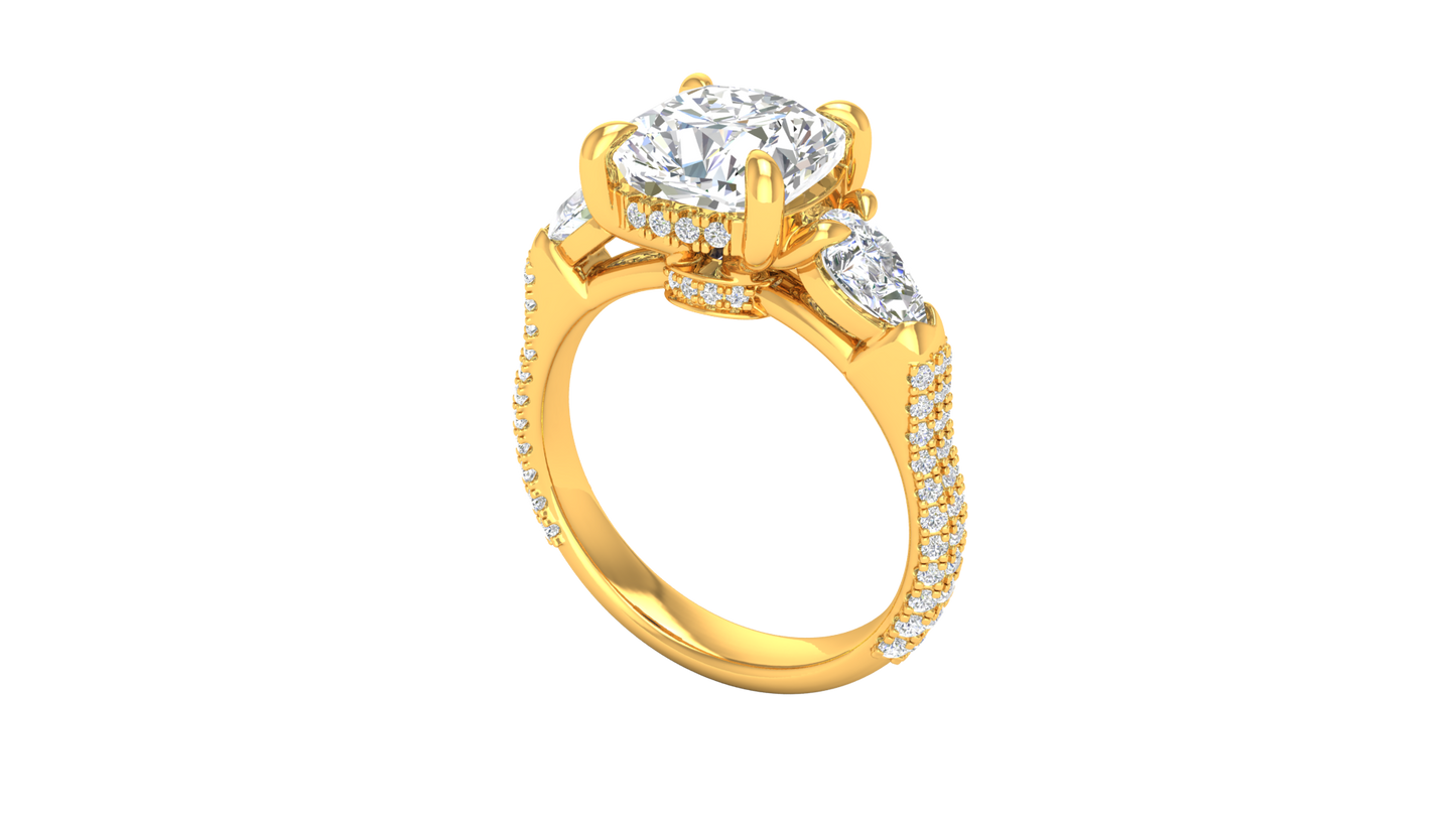 3 Carat Cushion-Cut Engagement Ring With Pear-Shaped Side Stones In 14K Yellow Gold