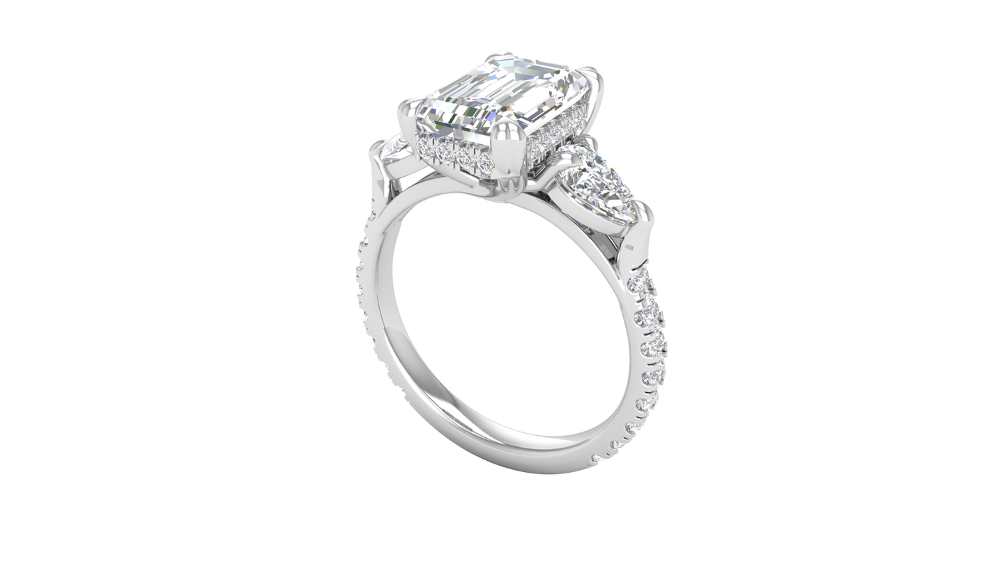3 Carat Emerald Cut Engagement Ring With Pear Side Stones In 14K White Gold