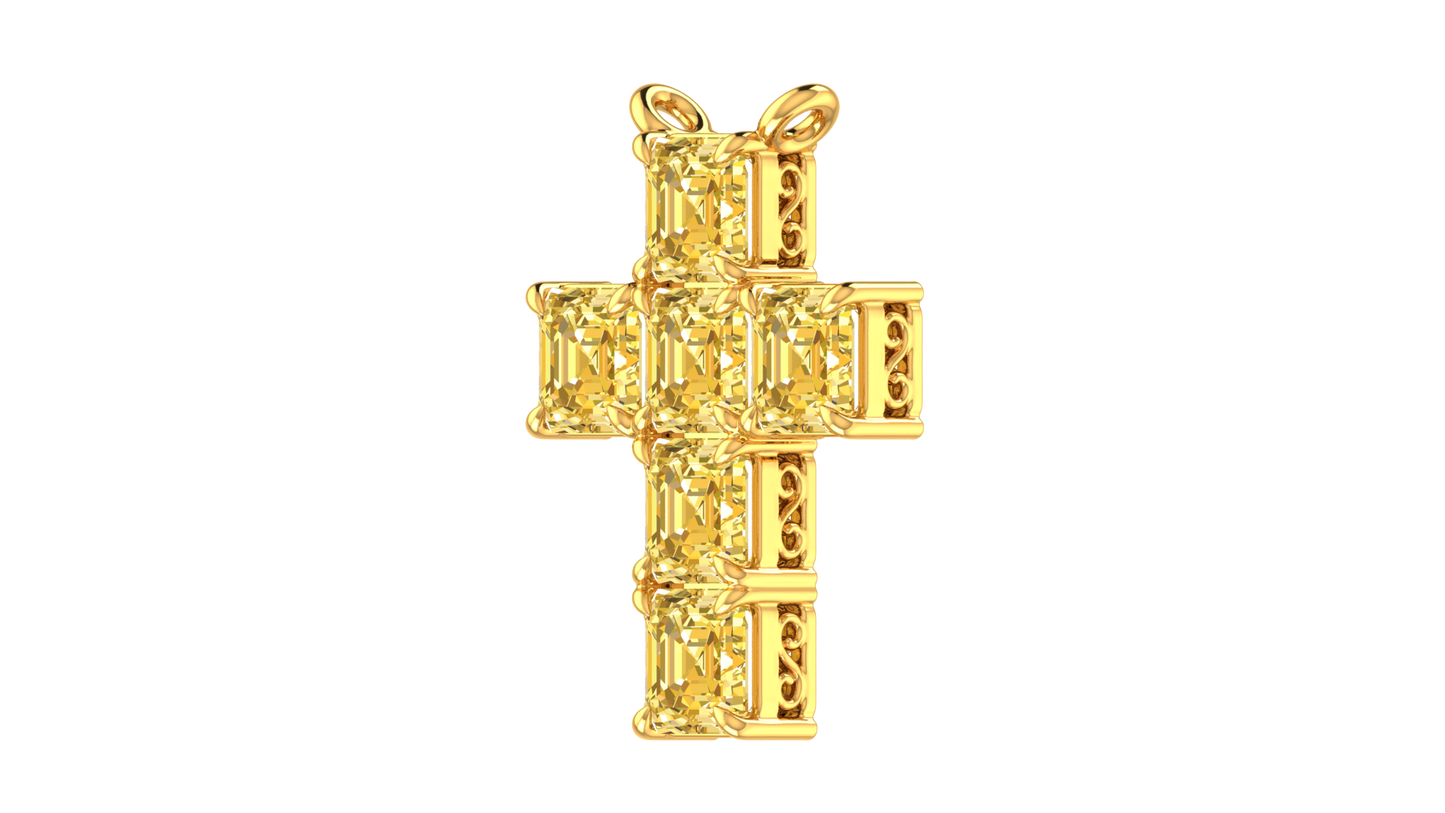 6.00 Ctw Asscher Cut Yellow Diamond Cross Pendant In 14K Yellow Gold