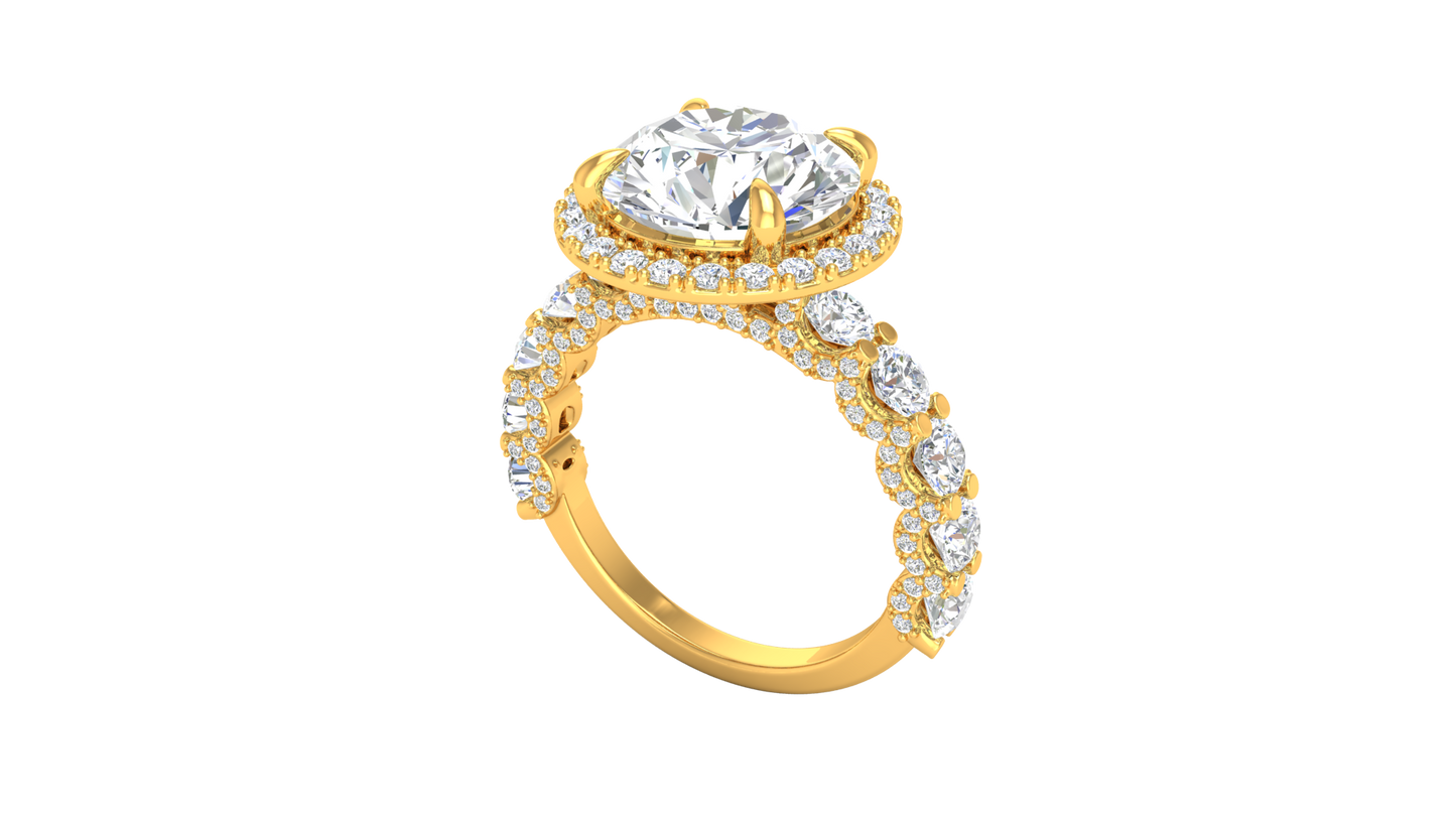 4.00 Carat Round-Cut Halo Engagement Ring With Pavé Diamond Band In 14K Yellow Gold