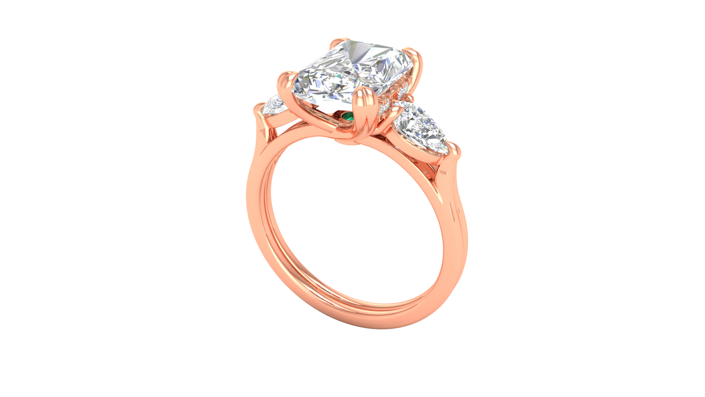 3 Carat Radiant Cut Engagement Ring With Pear Shaped Side Stones In 14K Rose Gold