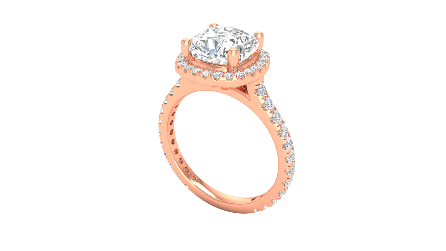 3 Carat Cushion-Cut Halo Engagement Ring With Pavé Diamond Band In 14K Rose Gold