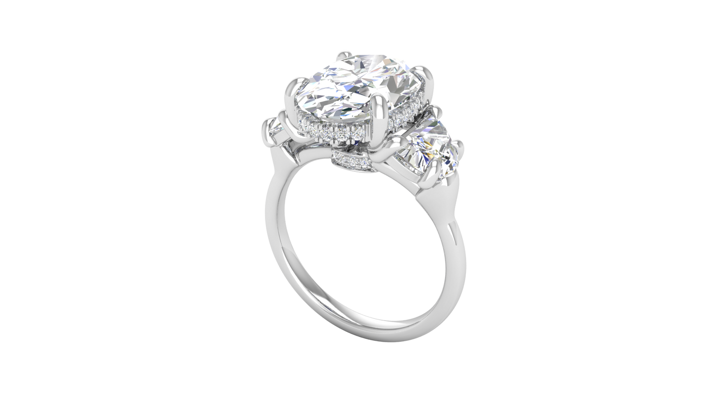 4 Carat Oval Cut Engagement Ring With Half Moon Side Stones In 14K White Gold