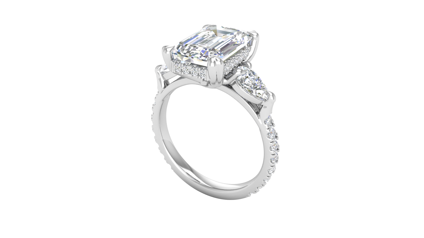 4 Carat Emerald Cut Engagement Ring With Pear Side Stones In 14K White Gold