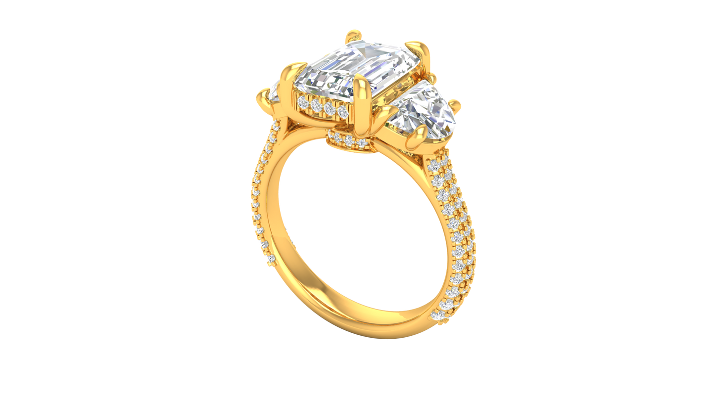 3 Carat Emerald Cut Engagement Ring With Half-Moon Side Stones In 14K Yellow Gold