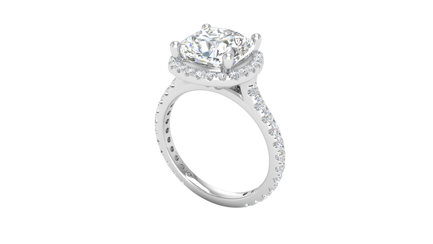4 Carat Cushion-Cut Halo Engagement Ring With Pavé Diamond Band In 14K White Gold