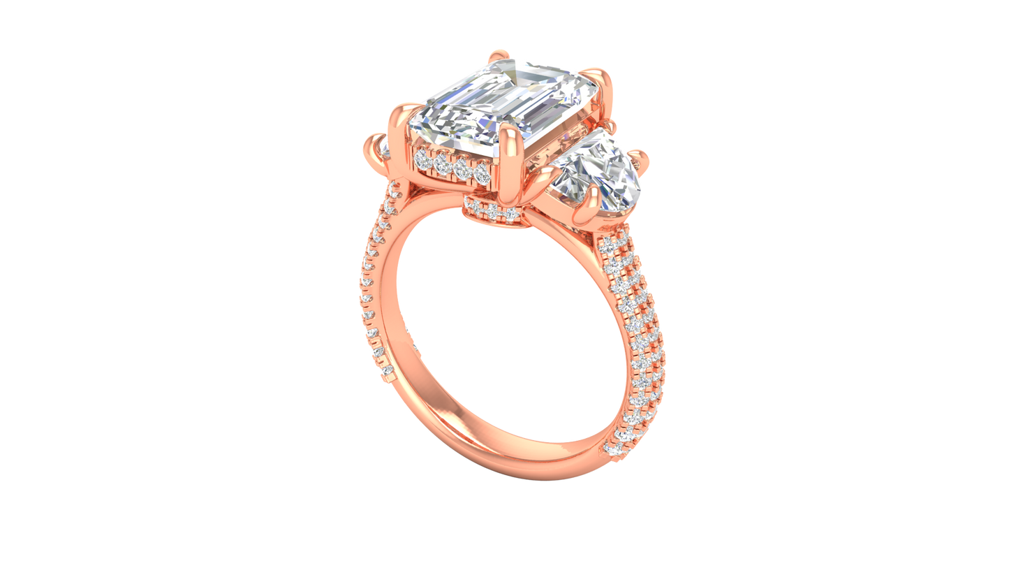 4 Carat Emerald Cut Engagement Ring With Half-Moon Side Stones In 14K Rose Gold