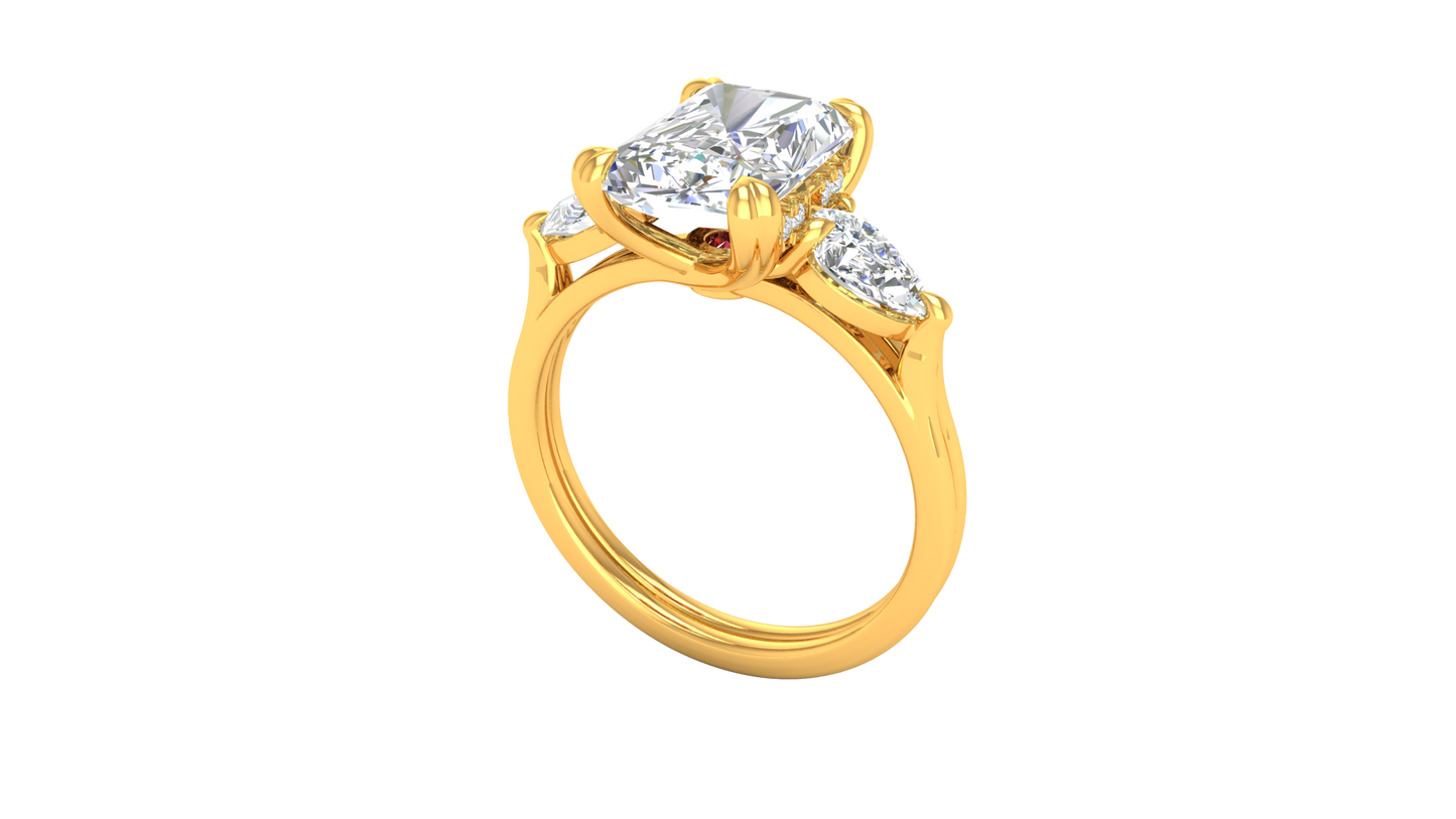 3 Carat Radiant Cut Engagement Ring With Pear Shaped Side Stones In 14K Yellow Gold