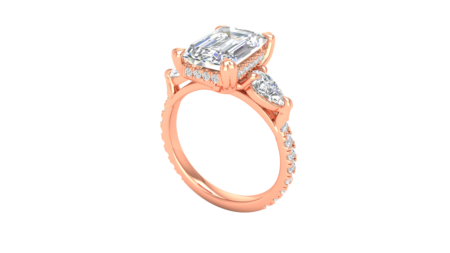 4 Carat Emerald Cut Engagement Ring With Pear Side Stones In 14K Rose Gold