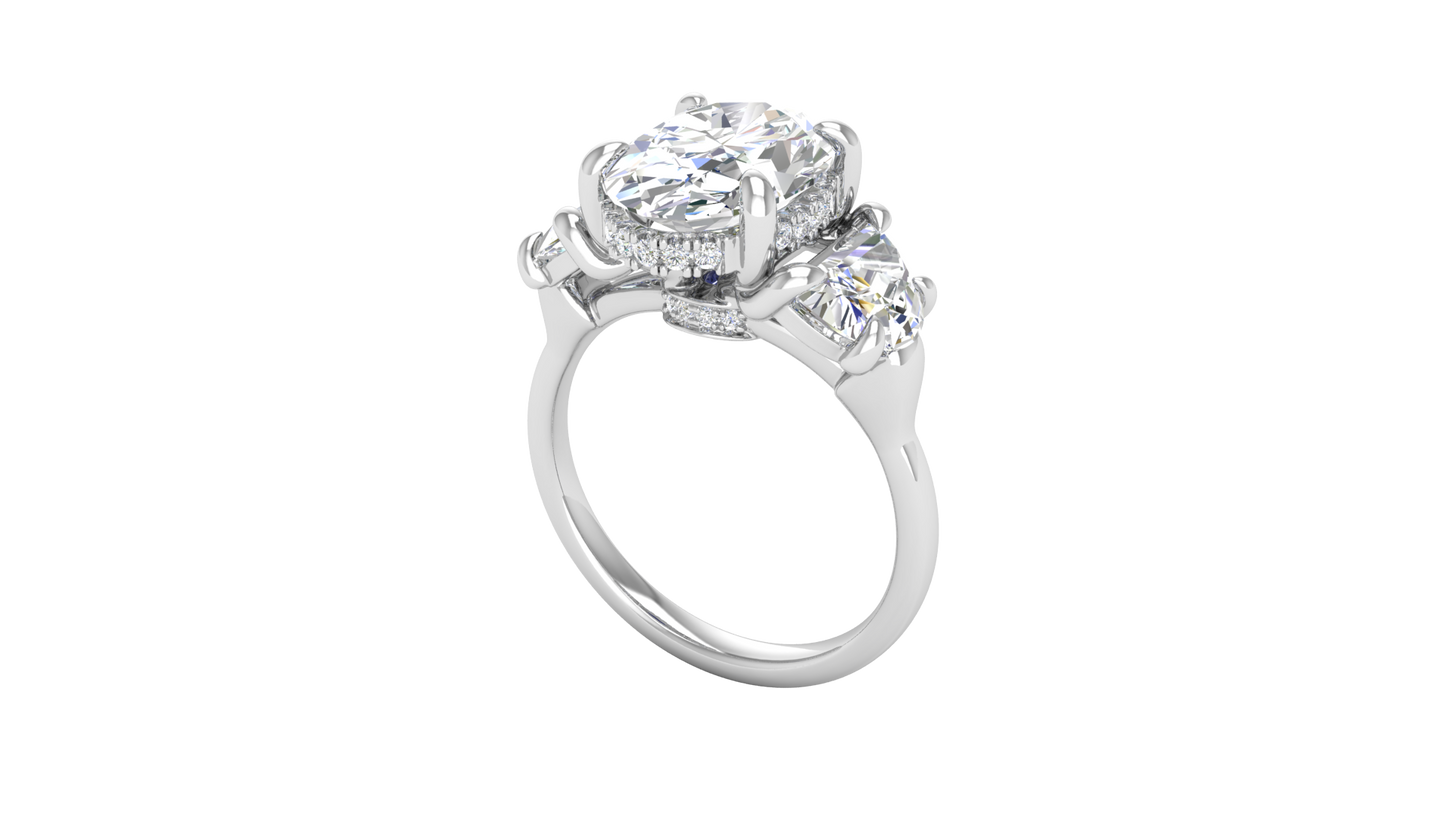 3 Carat Oval Cut Engagement Ring With Half Moon Side Stones In 14K White Gold