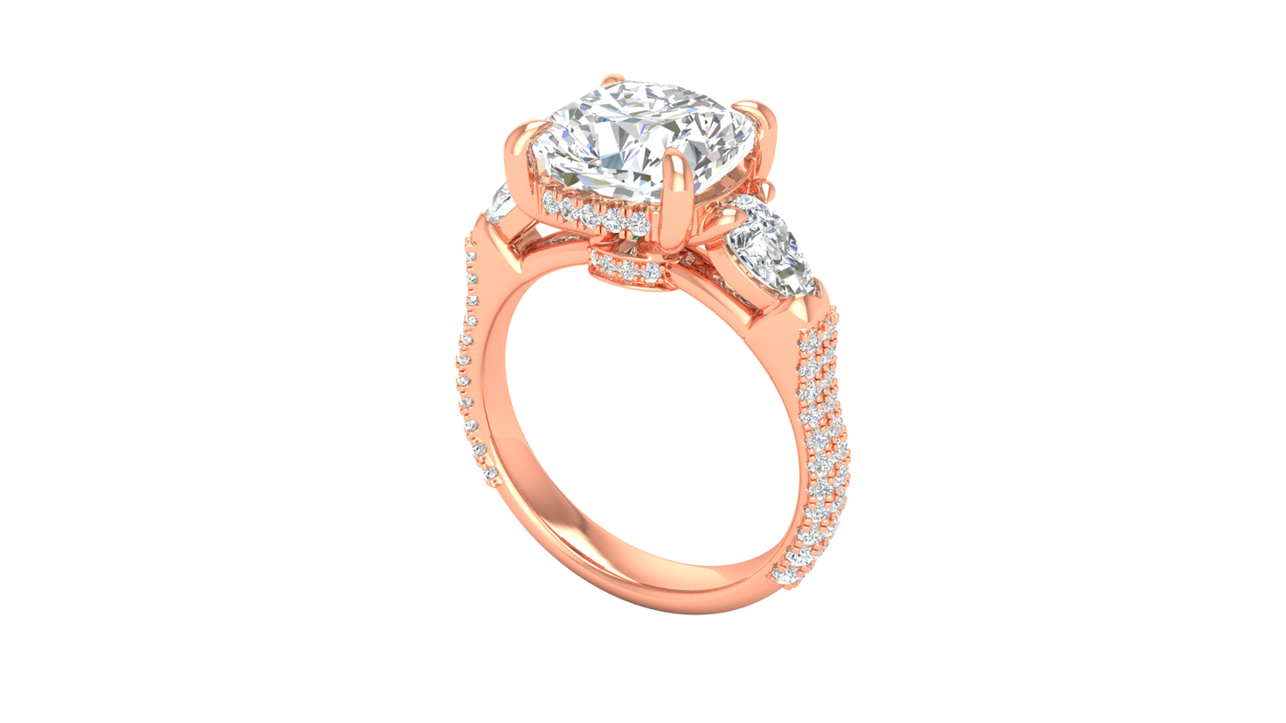 4 Carat Cushion-Cut Engagement Ring With Pear-Shaped Side Stones In 14K Rose Gold