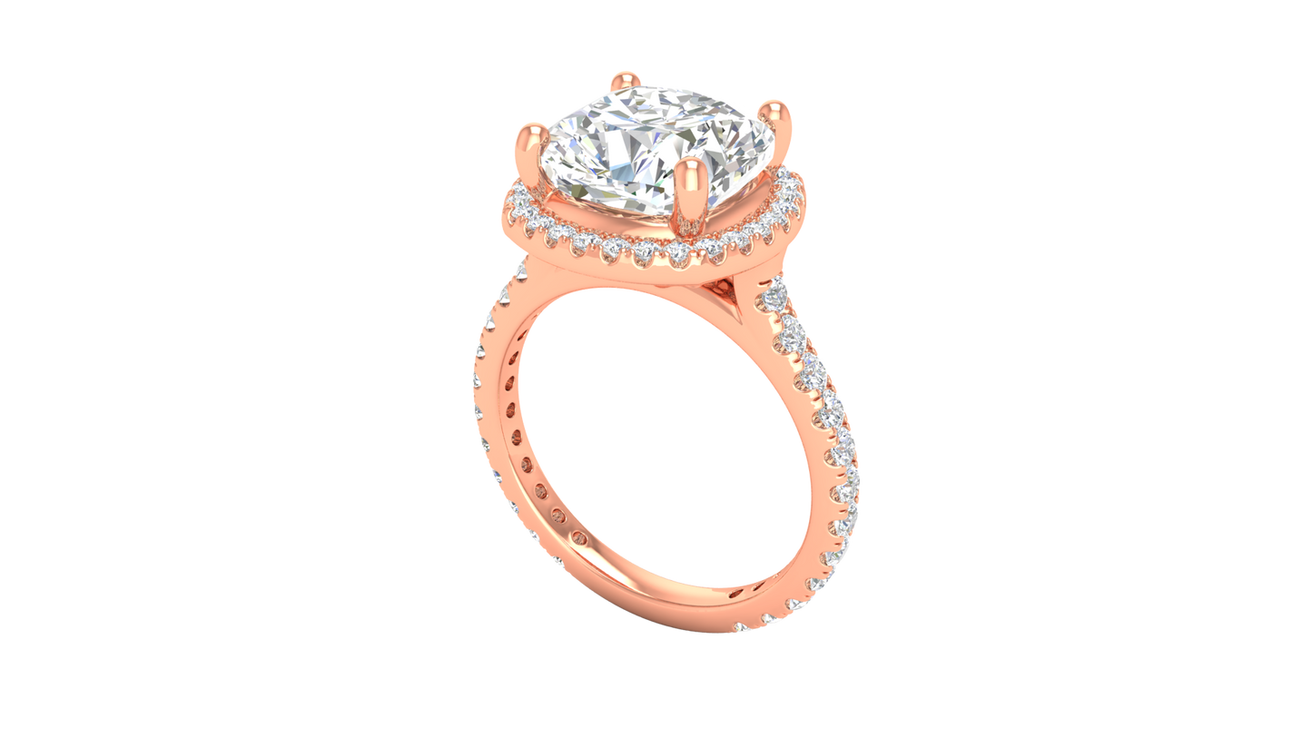 5 Carat Cushion Cut Halo Engagement Ring With Pavé Diamond Band In 14K Rose Gold