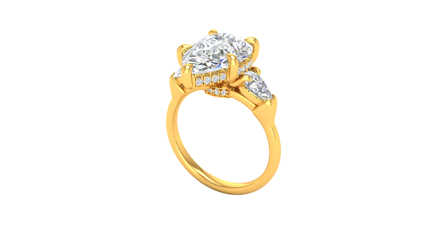 4 Carat Pear Cut Engagement Ring With Pear Shape Side Stones In 14K Yellow Gold