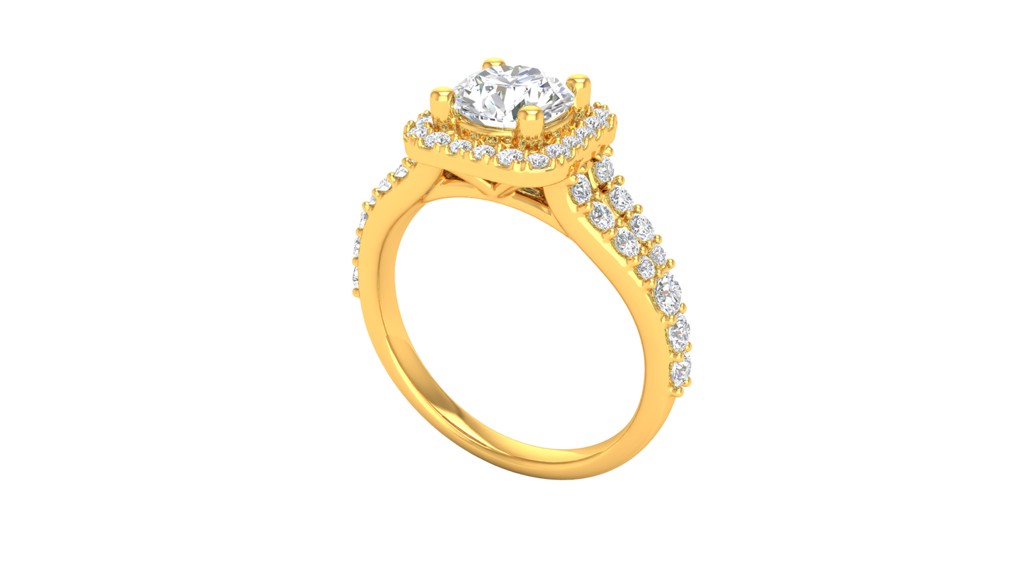 1.00 Carat Round-Cut Halo Engagement Ring With Pavé Diamond Band In 14K Yellow Gold