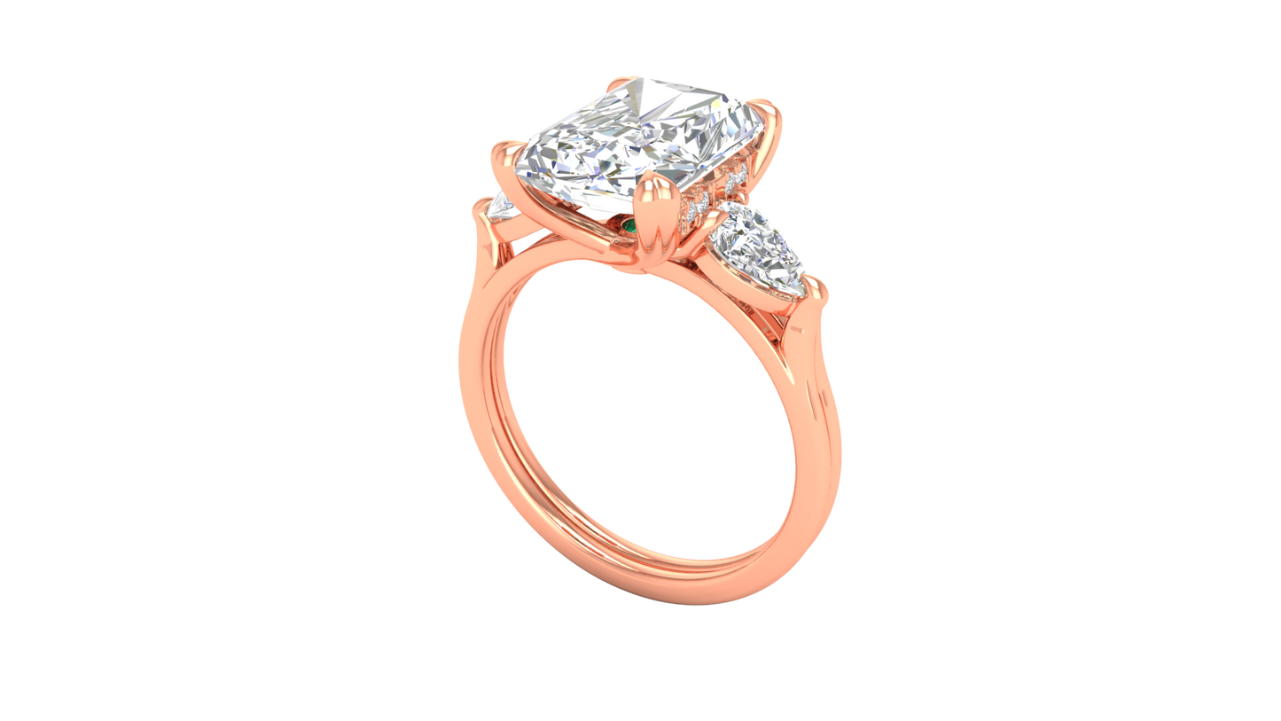 4 Carat Radiant Cut Engagement Ring With Pear Shaped Side Stones In 14K Rose Gold