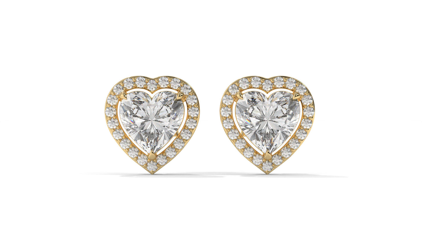 4.44 CTW Heart-Shaped Diamond Halo Stud Earrings In 14K Yellow Gold – 0.44 CTW Side Stones