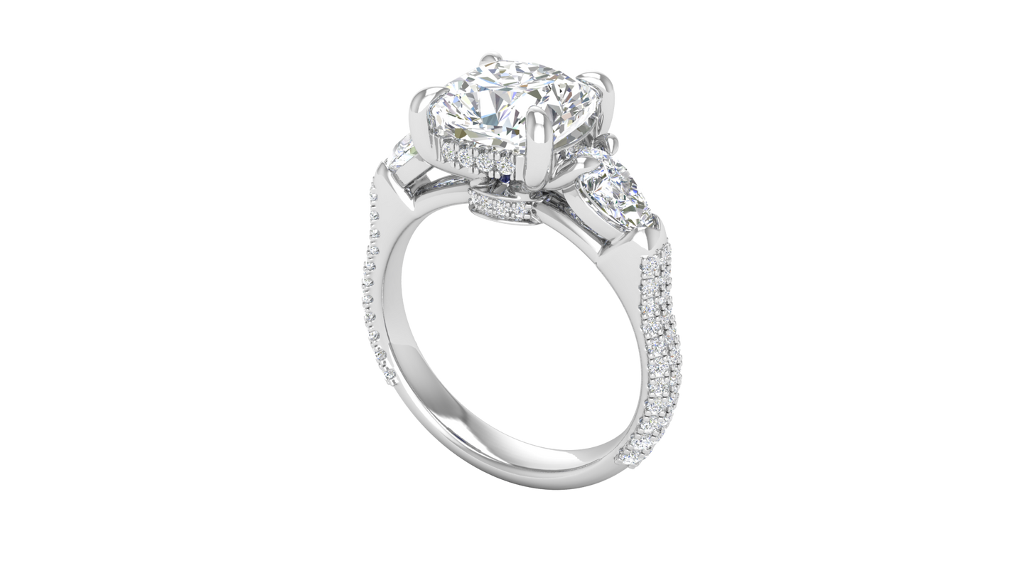 3 Carat Cushion-Cut Engagement Ring With Pear-Shaped Side Stones In 14K White Gold