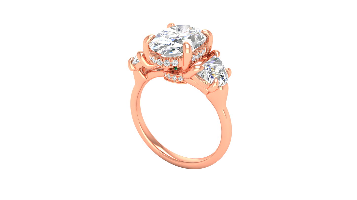 3 Carat Oval Cut Engagement Ring With Half Moon Side Stones In 14K Rose Gold