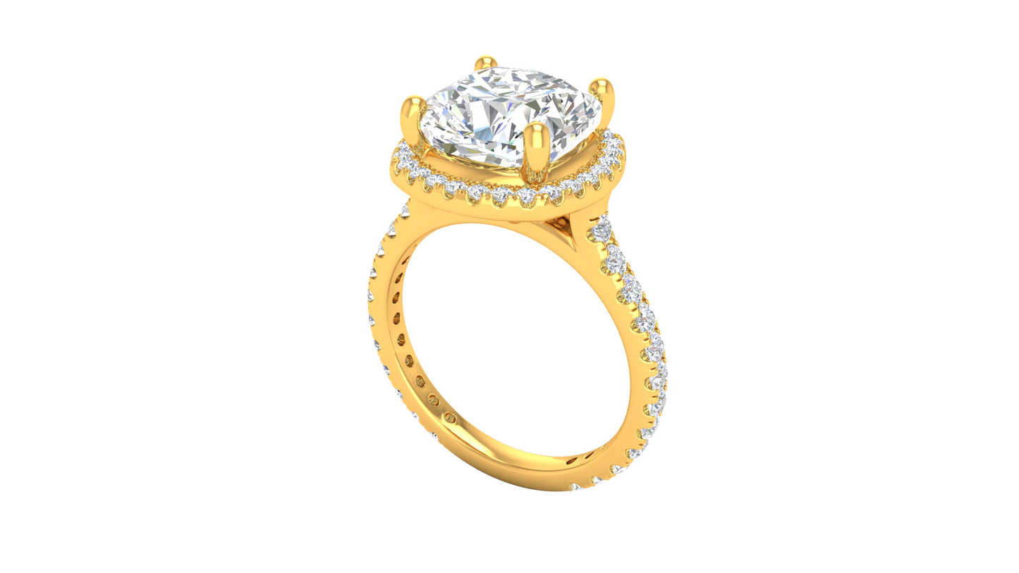 5 Carat Cushion Cut Halo Engagement Ring With Pavé Diamond Band In 14K Yellow Gold