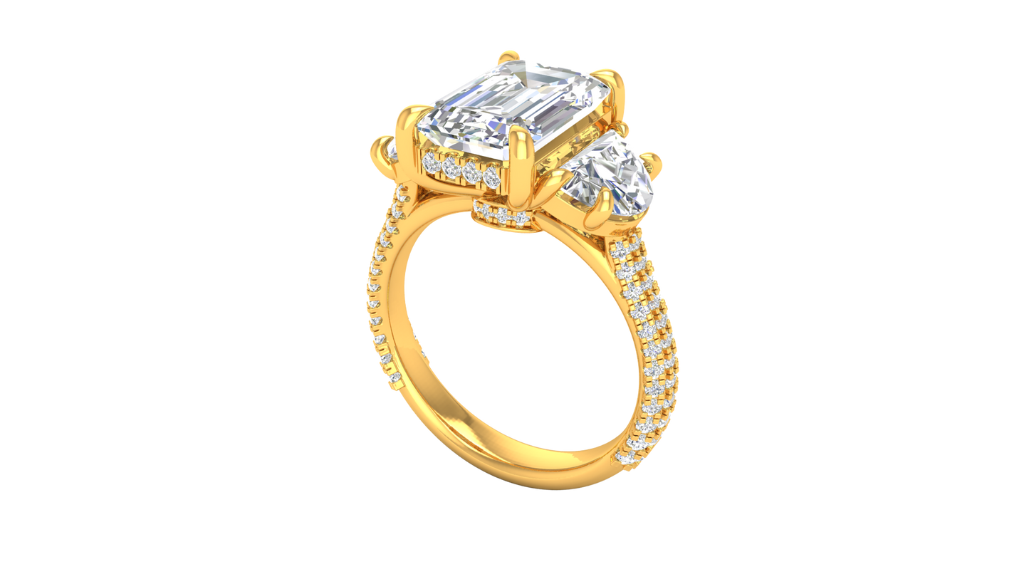 4 Carat Emerald Cut Engagement Ring With Half-Moon Side Stones In 14K Yellow Gold