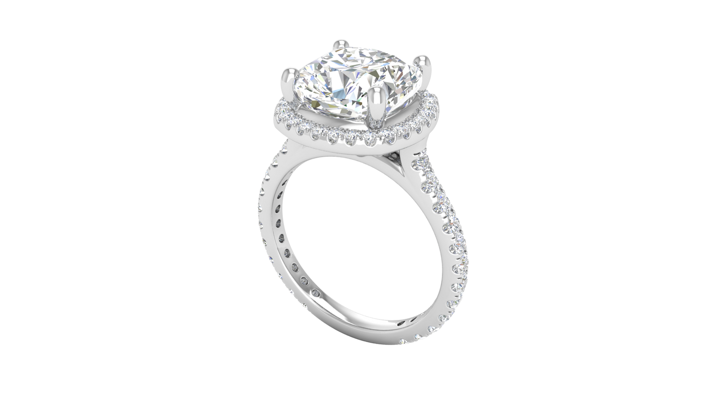 5 Carat Cushion Cut Halo Engagement Ring With Pavé Diamond Band In 14K White Gold