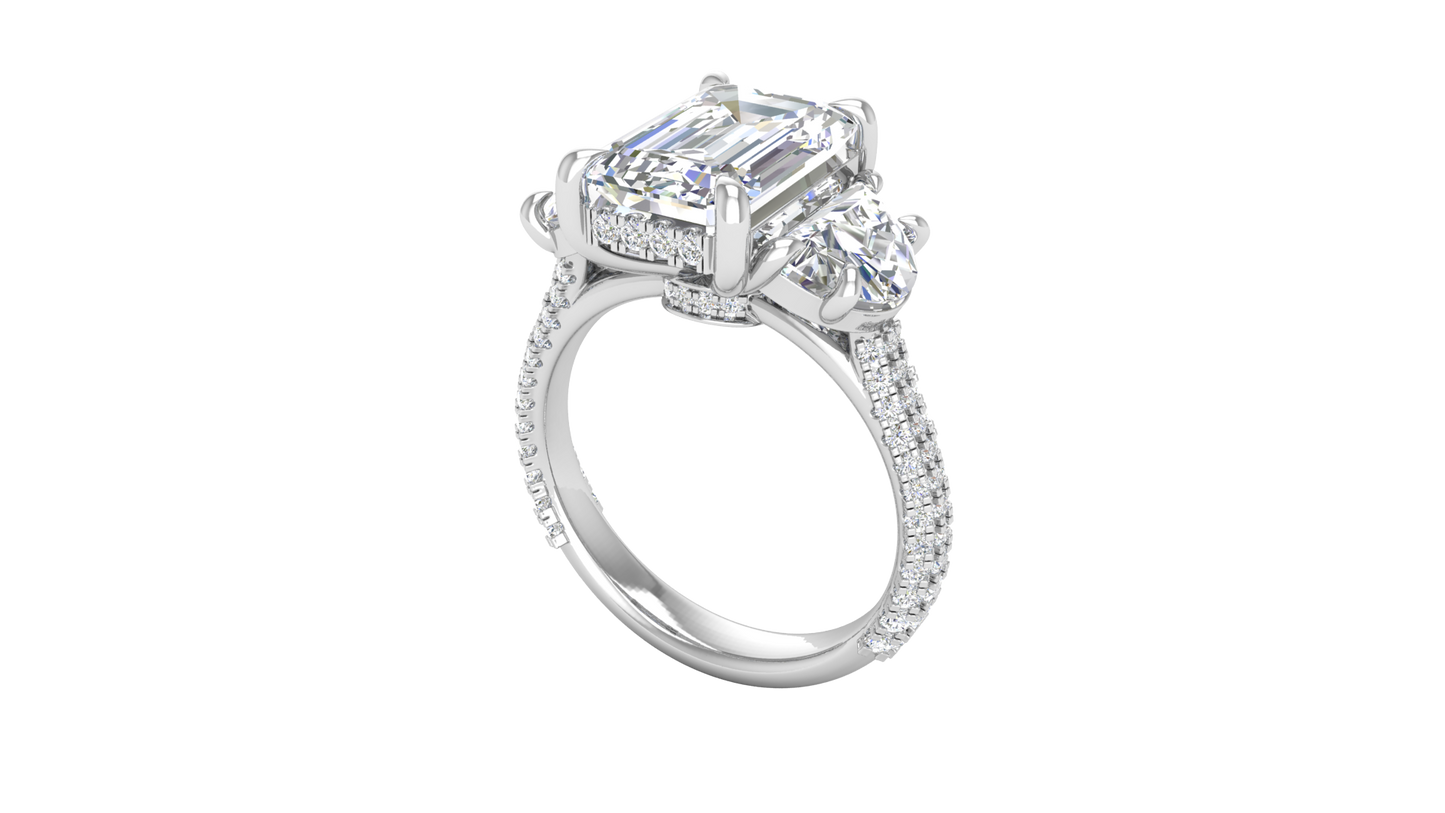 4 Carat Emerald Cut Engagement Ring With Half-Moon Side Stones In 14K White Gold