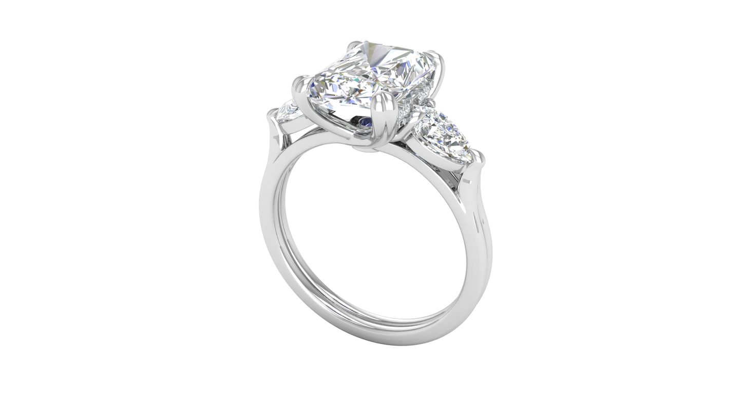 3 Carat Radiant Cut Engagement Ring With Pear Shaped Side Stones In 14K White Gold